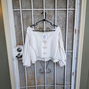 Boho Terry Cloth Cropped Button Top with Flared Sleeves Size L